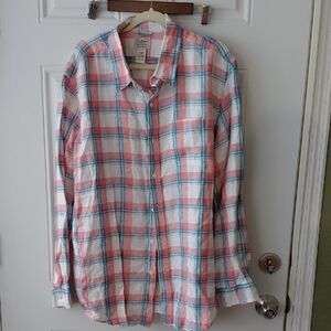 L.L. Bean Coral and Teal Plaid Shirt Mens Ling Sleeves Size XL preowned EUC